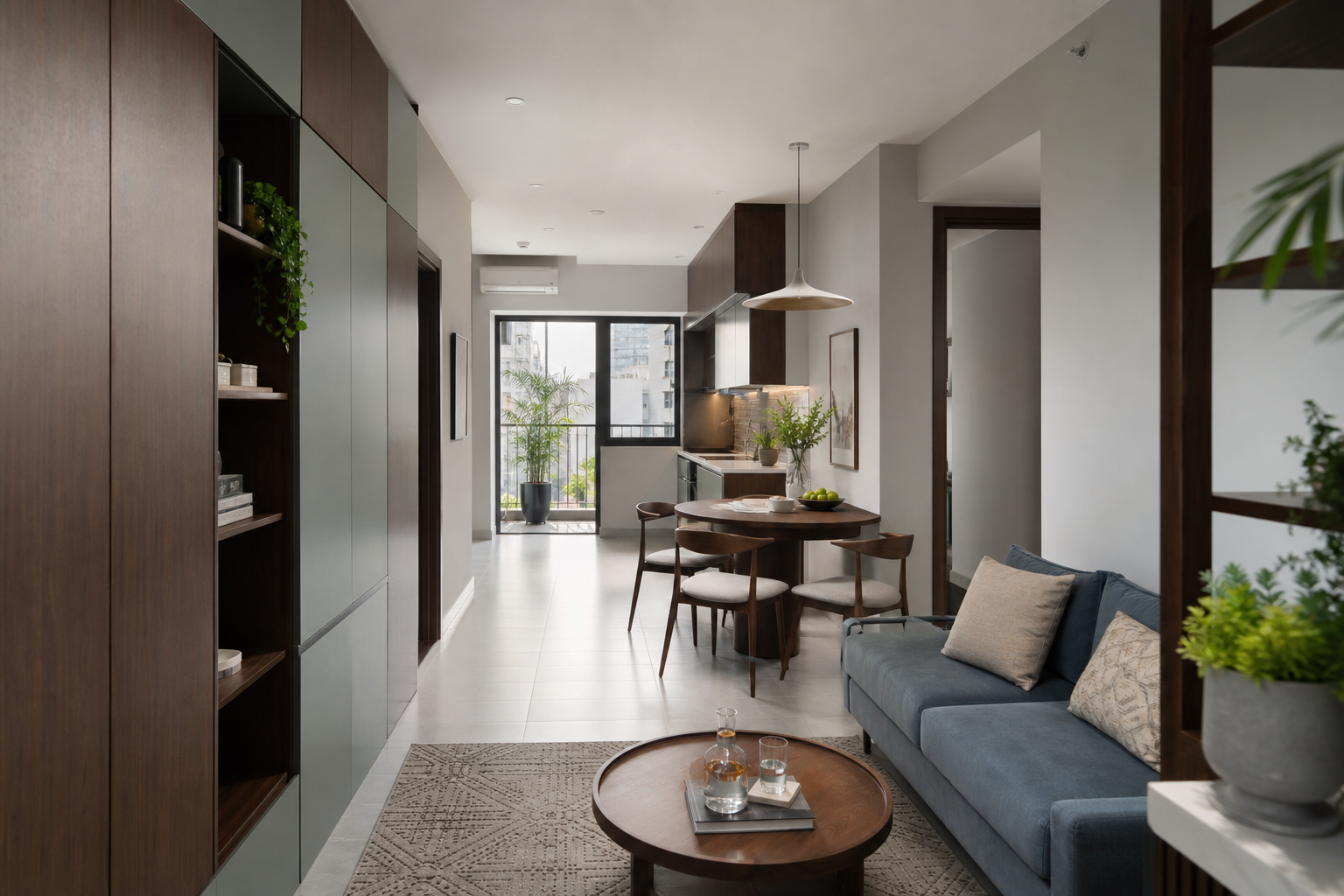 Căn hộ nhỏ Việt Nam có lối đi rõ giữa sofa, bàn ăn tròn, bếp và ban công.